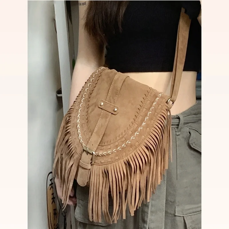

HAEX Faux Suede Women's Bag 2022 Trend New Design Tassel Shoulder Bolso Mujer Vintage Wild Fashion Ladies Casual Messenger Bag