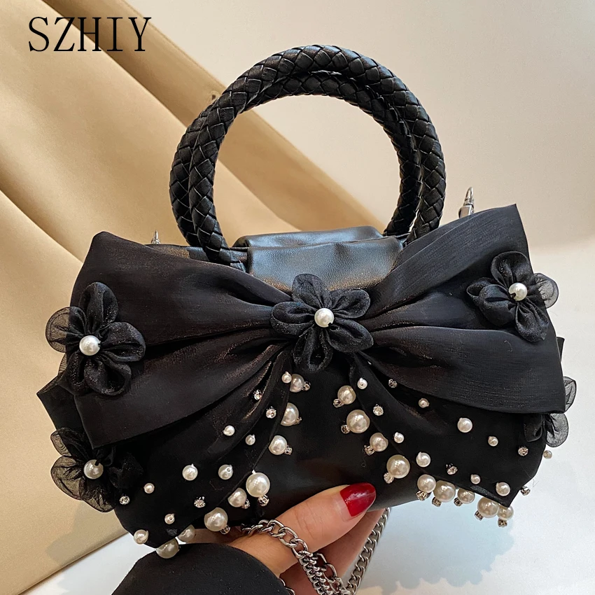 

Luxury Designer Handbag Women New One Shoulder Bag Ring Handle Banquet Pocket Girls Chain Wedding Bow Tie Bead Crossbody Purse