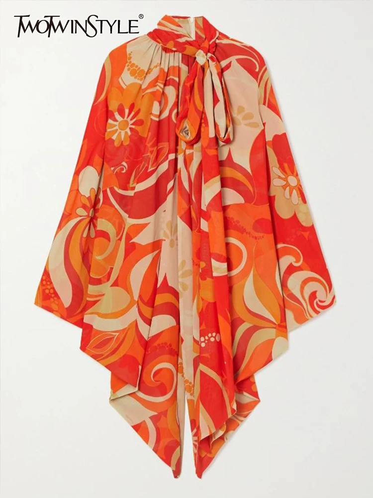 

TWOTWINSTYLE Print Chiffon Blouse For Women Bowknot Loose Batwing Sleeves Vintage Blouses Top Female 2022 Spring Fashion New