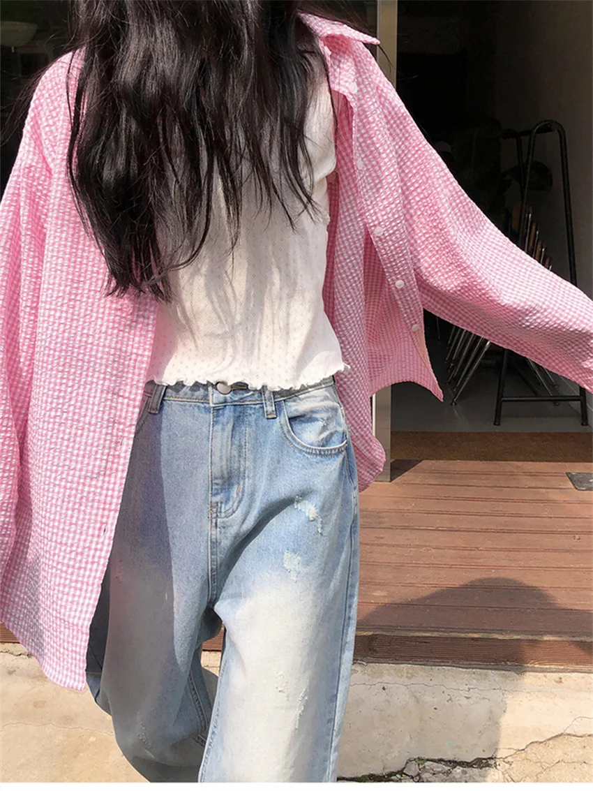 Рубашка женская Солнцезащитная в клетку с длинным рукавом стиле кэжуал