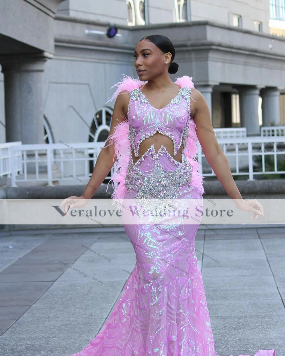 

Princess Pink Collection Prom Dresses Mermaid With Feathers 2022 Glitter Evening Gowns Party Dress Vestidos De Fiesta