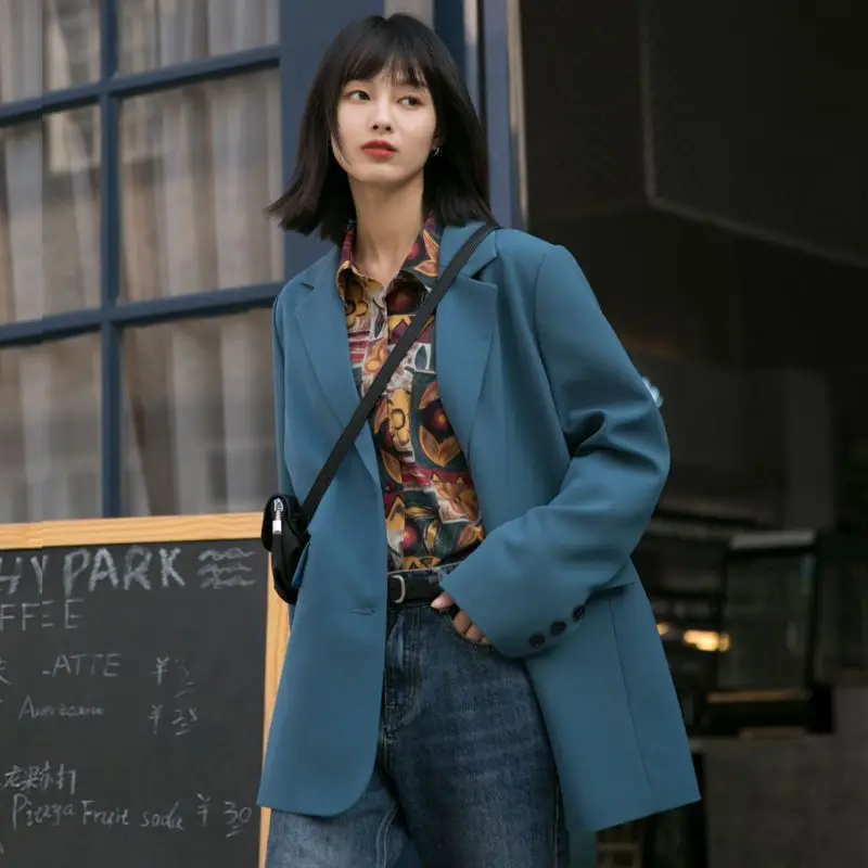 

2022 New Autumn Suit Jacket Female Spring Autumn Buttons Blue Single-breasted Casual Temperament Suit Coat Vintage Grunge Blazer