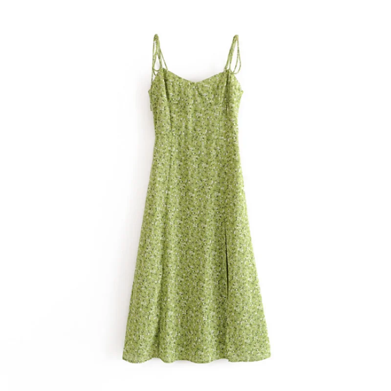

Hem Sundress Female V Neck Sleeveless A-line Chiffon Dress Vestido Women Green Floral Print Sling Dress