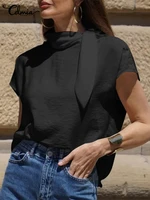 celmia casual solid shirt 2022 fashion stand collar all match bandage blosue short sleeve women buttons summer tops chic blusas