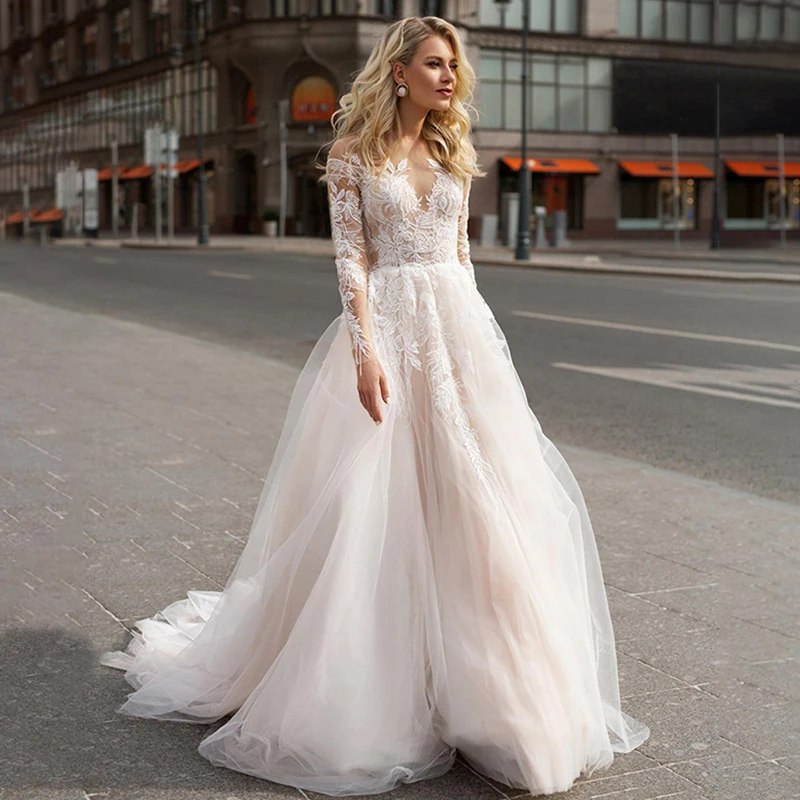 

Fashion Appliques Wedding Dress Lace V-Neck Illusion Long Sleeve A-Line Bridal Gown Backless Tulle Sweep Train Vestido De Noiva