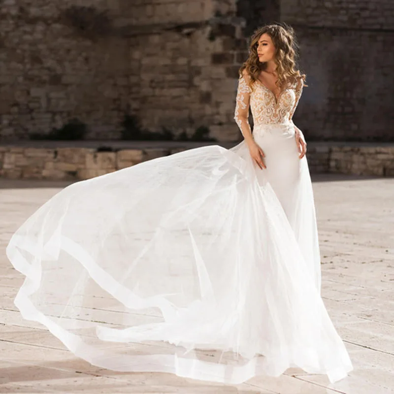 Роскошное Элегантное Белое Атласное Платье Haute Couture с длинным рукавом и открытой