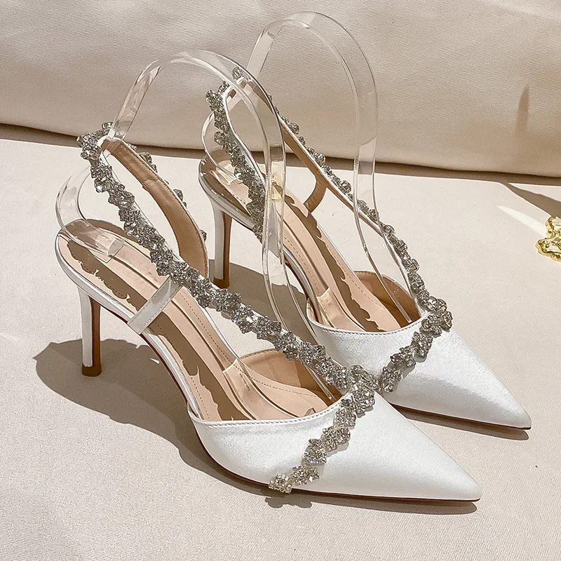 

Summer Closed Toe Rhinestone Sandals Women's Sexy Strap Stiletto Heel Fairy Style Super High Heels Red Wedding Shoes