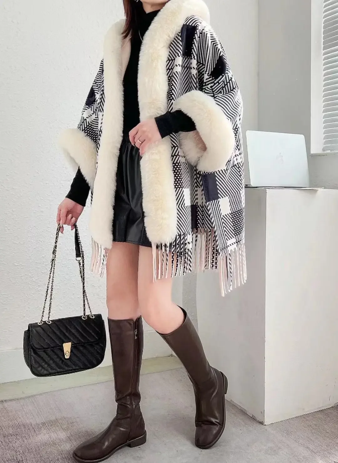 2-стильные женские зимние английские клетчатые толстые пончо верхняя одежда с