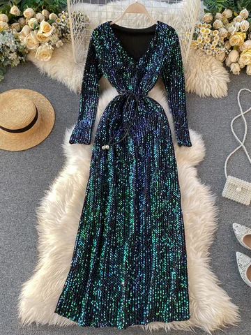 Women's Party Dress Long-sleeved Dress New Sequin Temperament Banquet Host Elegant V-neck Waist Lacing Dress Sexy Dress Y454