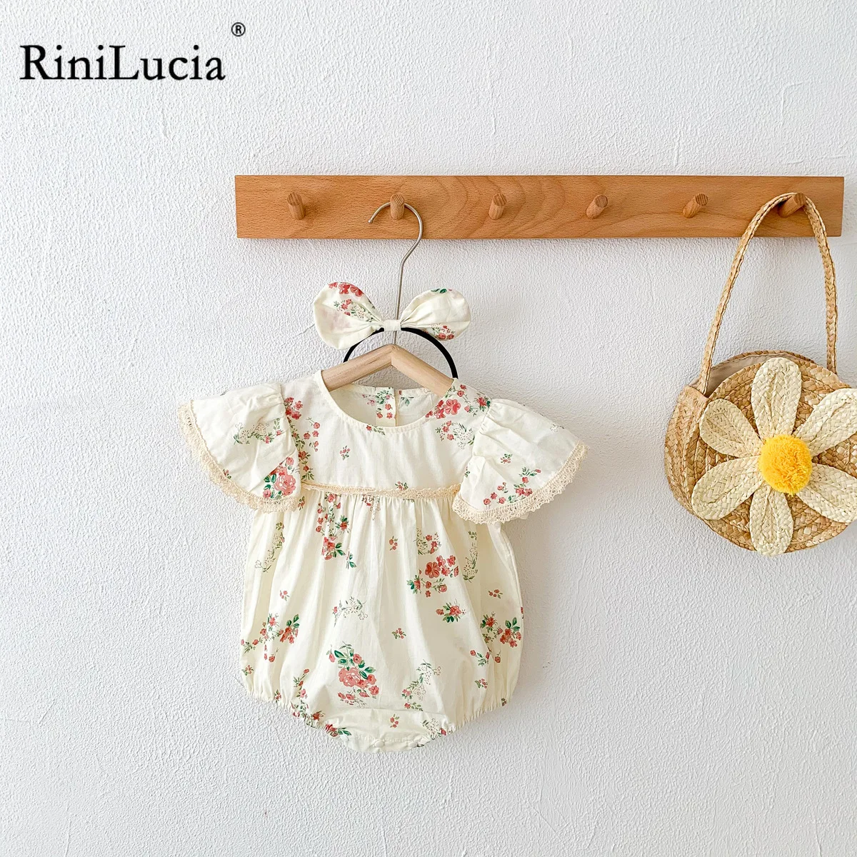 

RiniLucia Lace Princess Toddler Romper 2022 Summer Floral Fly Sleeve O-neck Newborn Baby Girl Clothes Cotton Infant Outfits