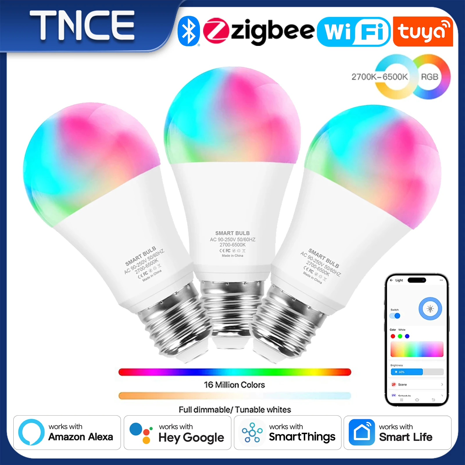 Умная Светодиодная Лампа Wi-Fi Bluetooth E27 Tuya Zigbee С Регулируемой Яркостью 2700K-6500K RGB