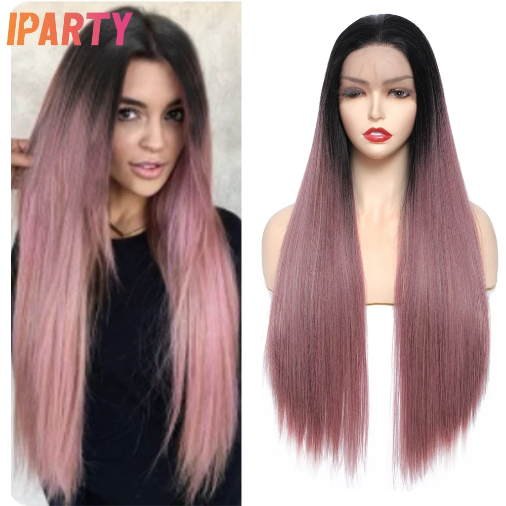 

Iparty Synthetic Lace Front Ombre Purple Wig 28 Inches Long Straight Free Part Wig Heat Resistant Multi Color Optional Daily