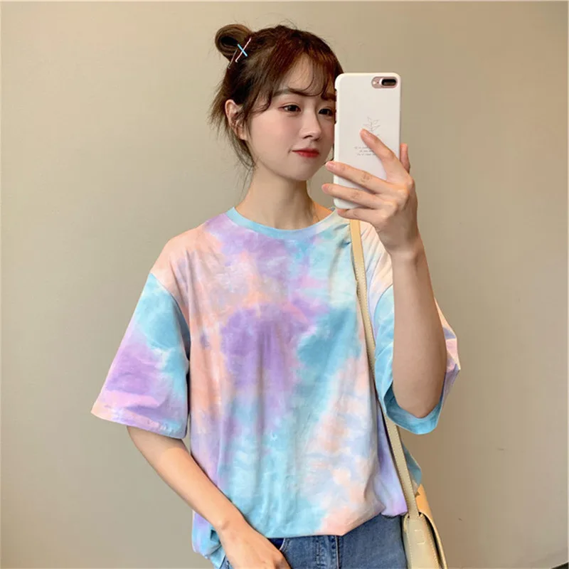 

Women Short Sleeve Tie Dye Gradient Printed T-shirts Girls Summer Korean Style O-Neck Short Sleeve Loose Tee Tops