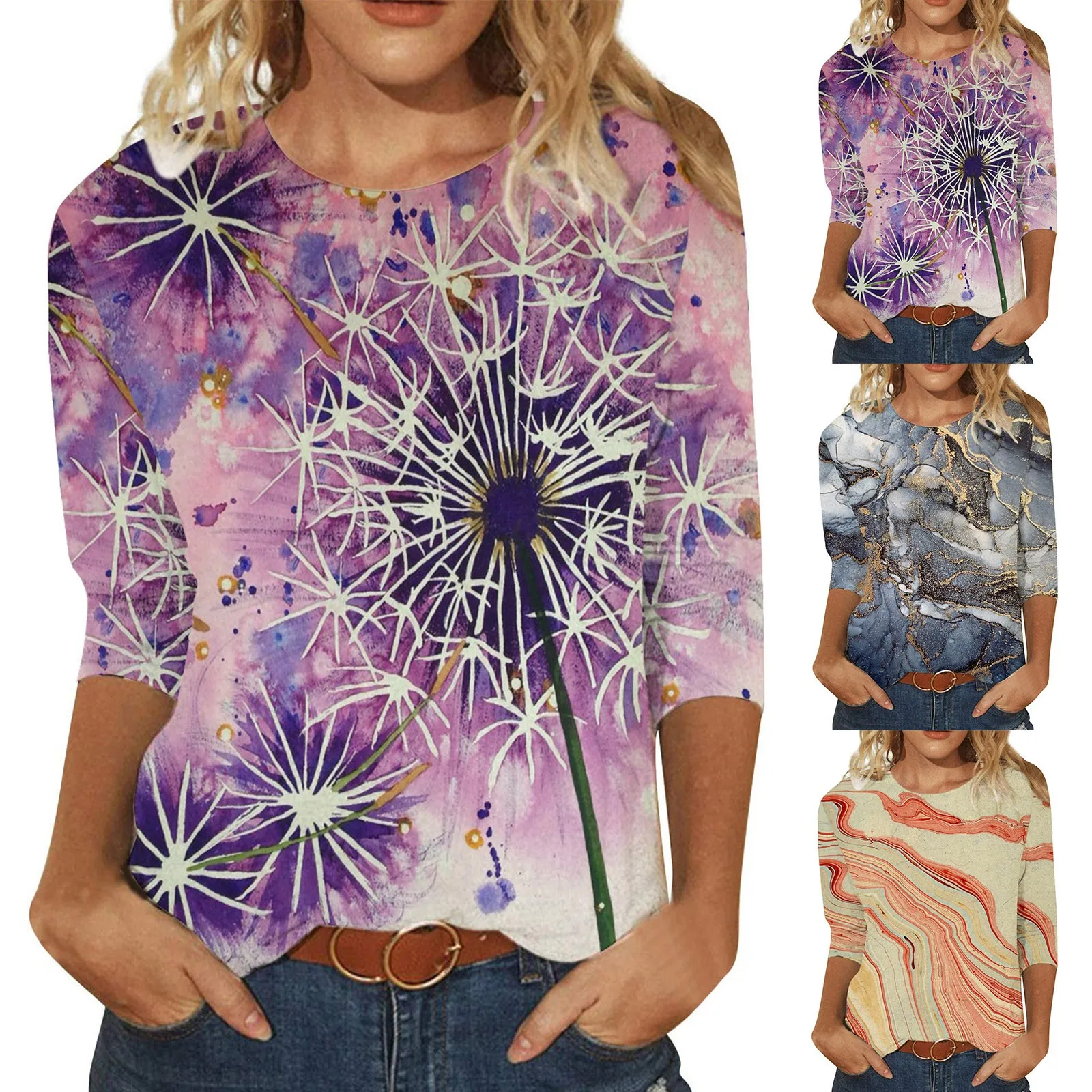 Womens 3 Of 4 Sleeve Crew Neck Floral Petal Printed Shirts Top Casual Loose Womens Tee Shirts Long Sleeve Workout Tee Women