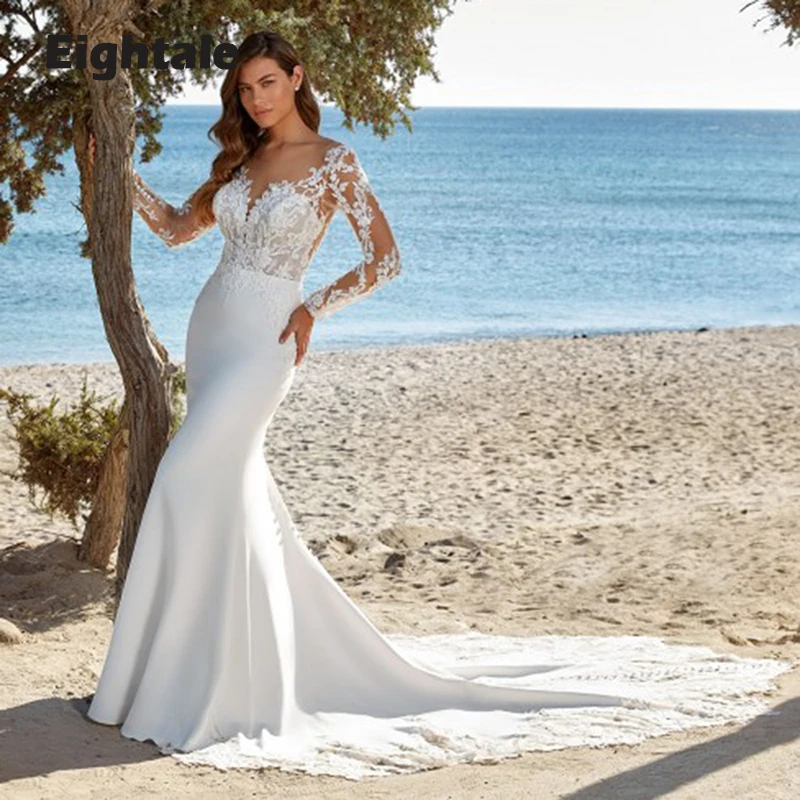 

Eightale Beach Wedding Dresses Mermaid Long Sleeves Appliques Lace Luxury Soft Satin Backless Bridal Gown vestidos de novia