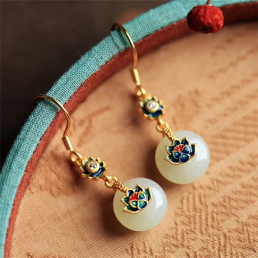 

Gold Colour Antique Gold Inlaid With Nephrite Gem Chinese Style Lotus Enamel Safety Buckle Earrings Female Earrings