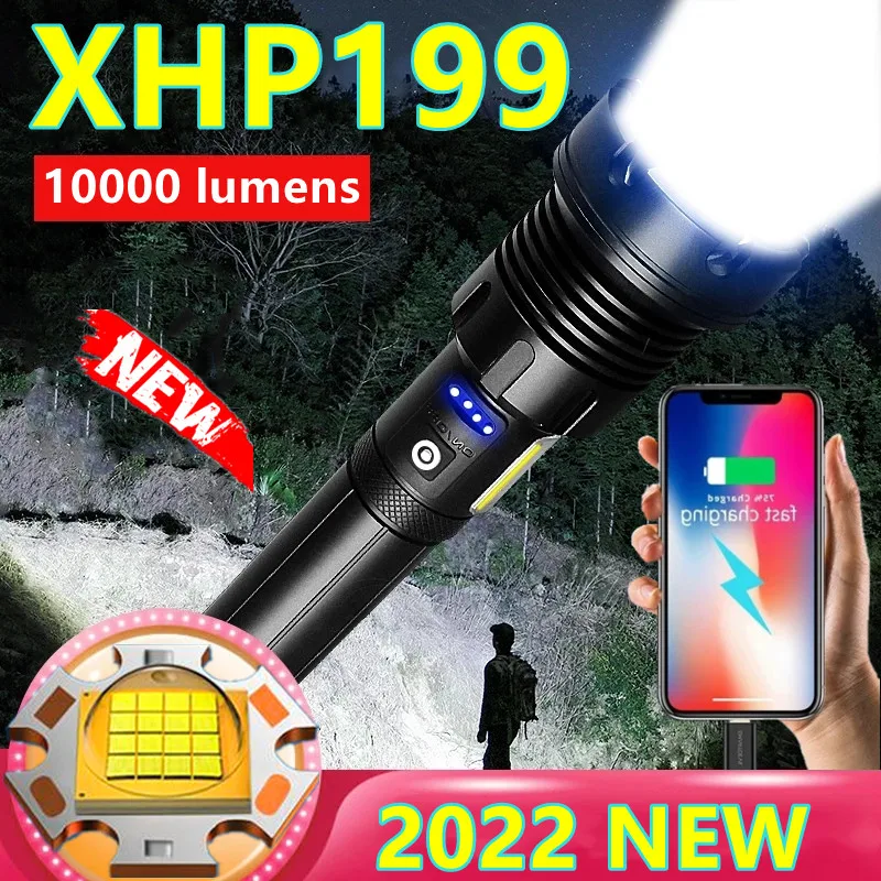 100000 LM XHP199 COB Most Powerful Led Flashlight Torch Rechargeable XHP90.2 Tactical Flash Light 18650 USB High Power Hand Lamp