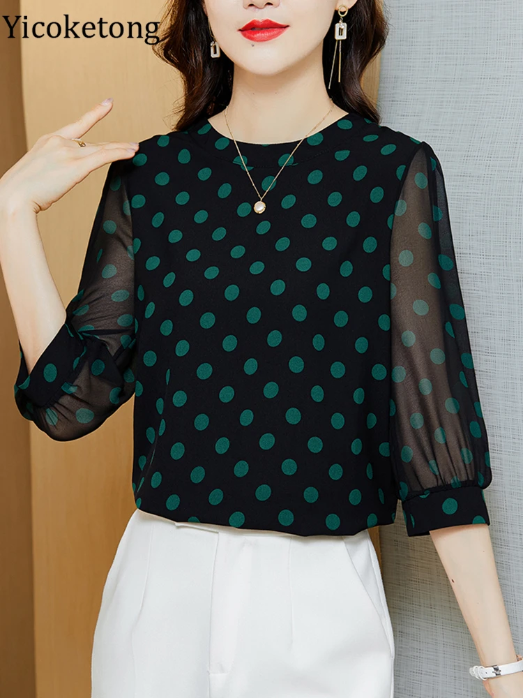 New 2022 Summer Blouses And Tops Women Shirt O-Neck Polka Dot Sexy Gauze Puff Sleeve Chic Blouse Lady Loose Large size Blusas