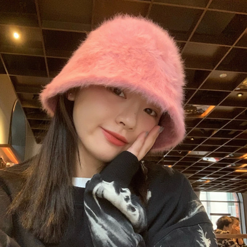 

Winter Women's Fashion Solid Color Fur Hat Bucket Cap Fisherman's Hat Retro Knitted Basin Bucket Hat