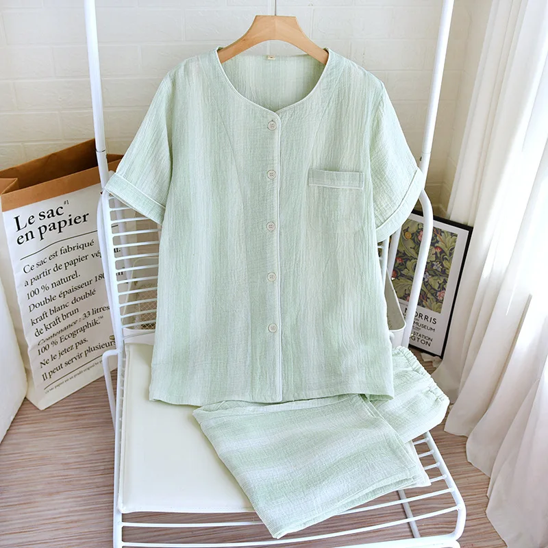 New Striped Couple's Short Sleeve Capris Suit Double Layer Cotton Summer Sleepwear For Men And Women Home Wear Pajamas Set
