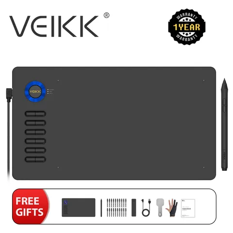 Графический планшет VEIKK A15, 10x6 дюймов, цифровой планшет для рисования, стилус без батареи, 8192 уровней, 12 клавиш быстрого доступа (красный, синий, серый)