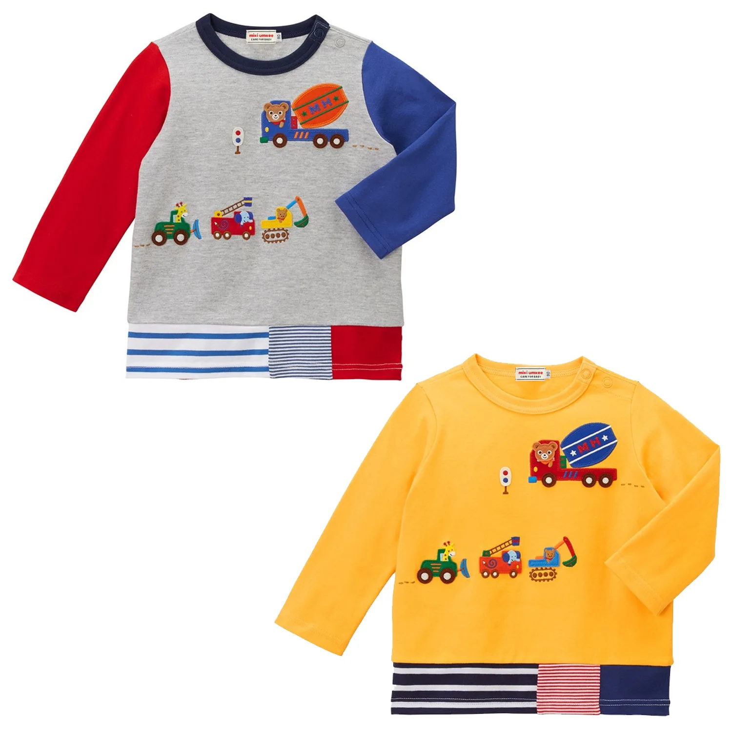 

T Shirt Boys Clothes 2022 Autumn Japanese Style Children's Cotton Hem Stripe Patchwork Cartoon Engineering Car Long Sleeve Top