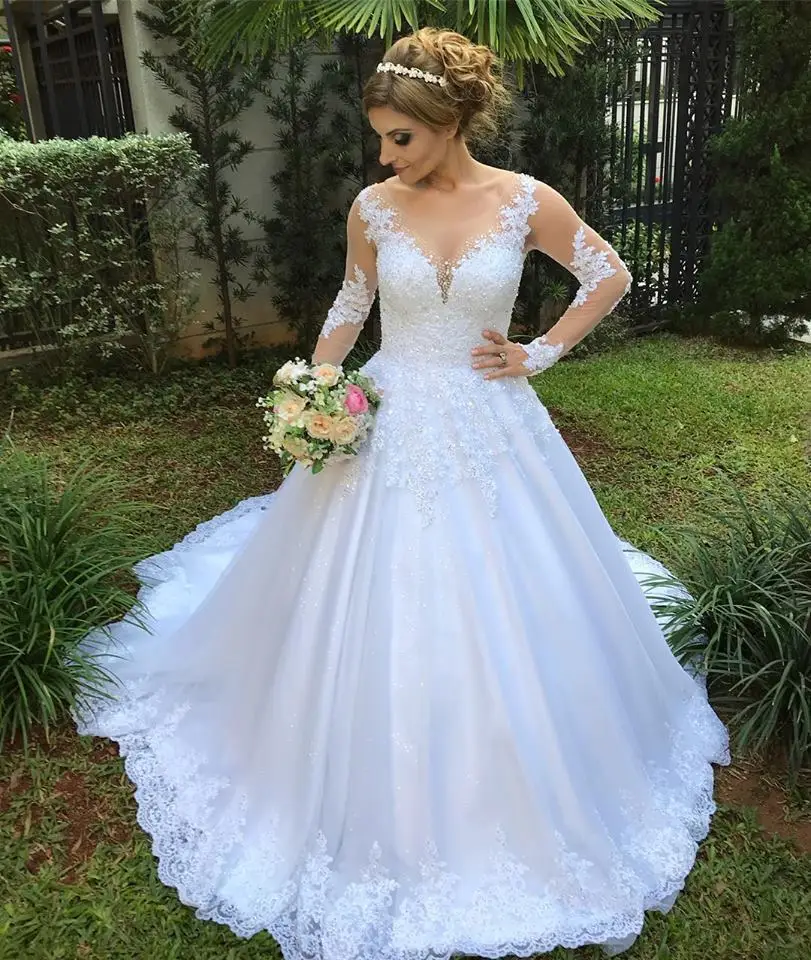 

GUXQD Scoop Neck Ball Gown Wedding Dress Princess Robe De Mariee Romantic Long Sleeves Illusion Back Court Train Bridal Gowns
