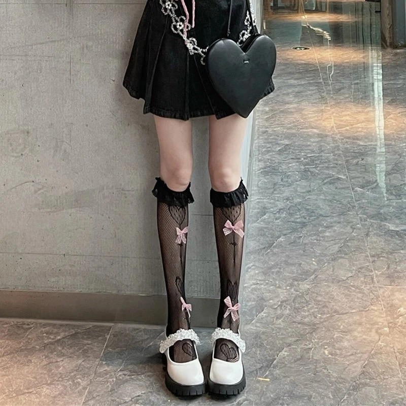Lolita JK Love Bow Lolita Lace Long Socks Calf Jk Socks Female Summer Lace Socks Harajuku Accessories Knee High JK Socks