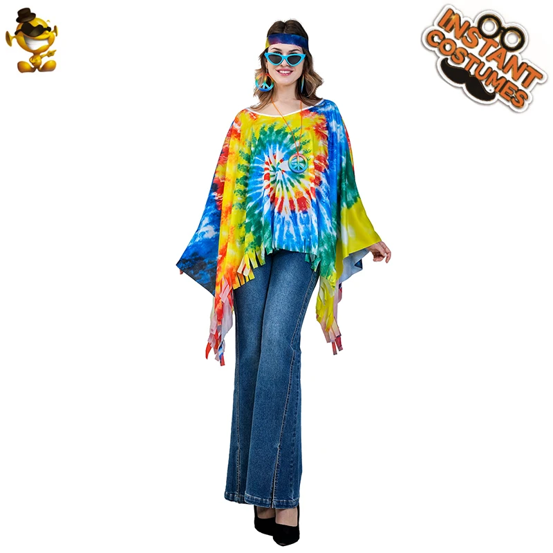 

Women 60s 70s Hippie Cloak Costume Halloween Womens Retro Style Colorful Poncho Adult Fancy Clothes