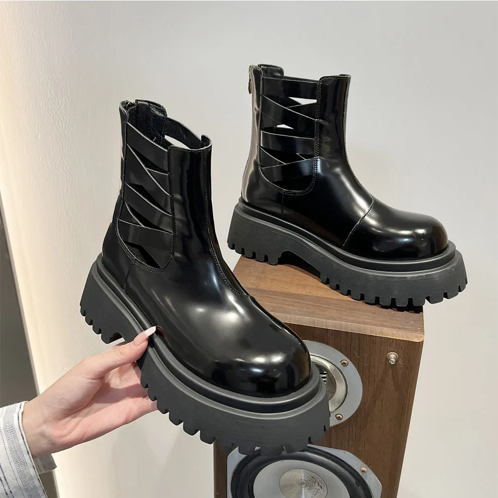 LapoLaka 2022 Fashion Black Thick Heel Ankle Boots Round Toe Hollow Out Back Zipper Premium Quality Women Boots