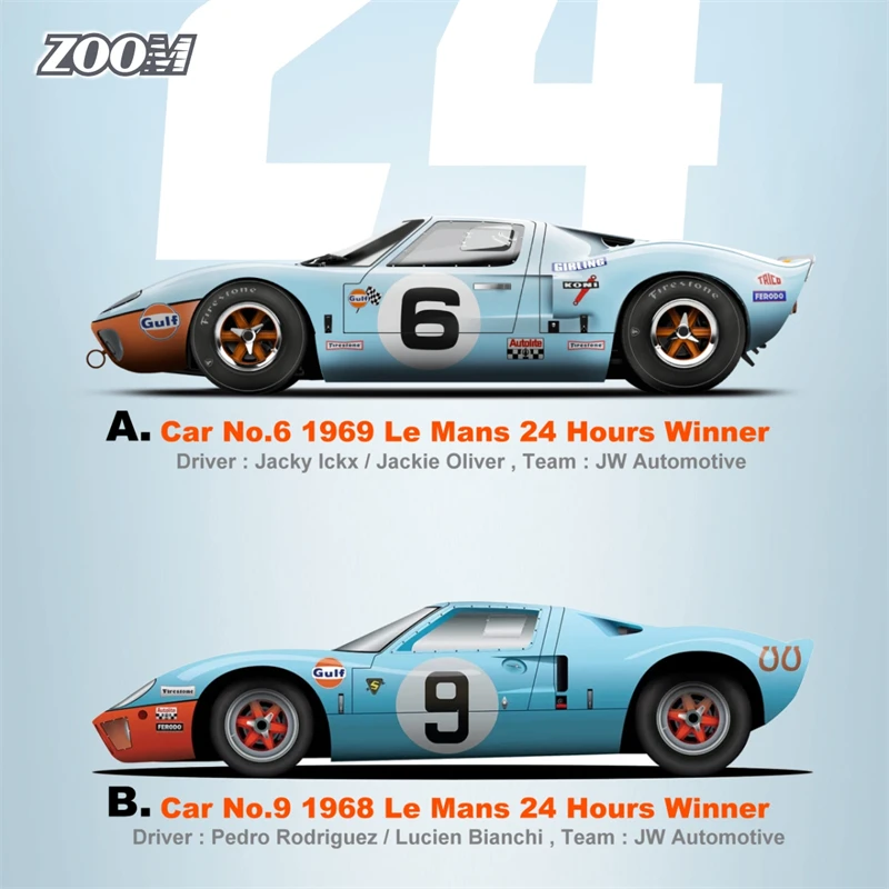 

ZOOM 1:64 Ford GT40 Mk1 (P/1075) No.6 / No.9 1969 Le Mans 24Hours Winner Gulf Diecast Model Car