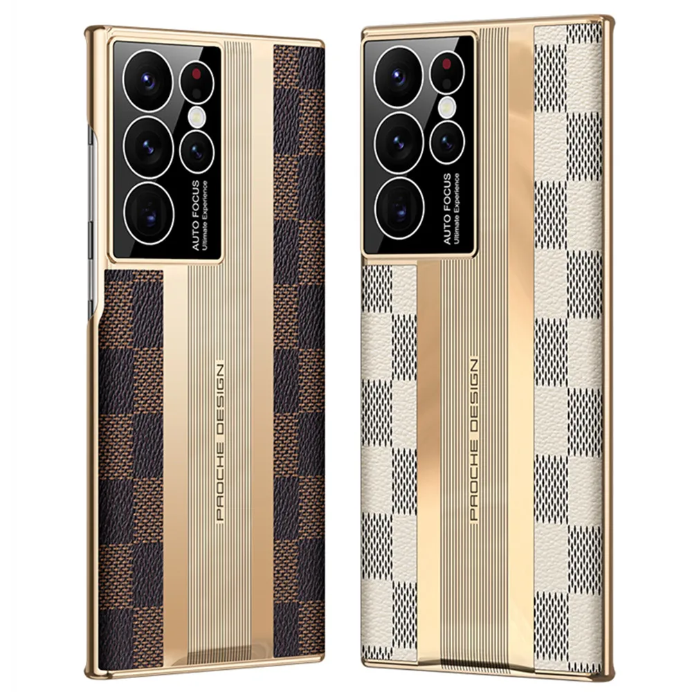 

Retro Genuine Leather Grids Splicing Case For Samsung Galaxy S23 Ultra Gold Glossy Racing Car Design Shockproof Armor Back Cover