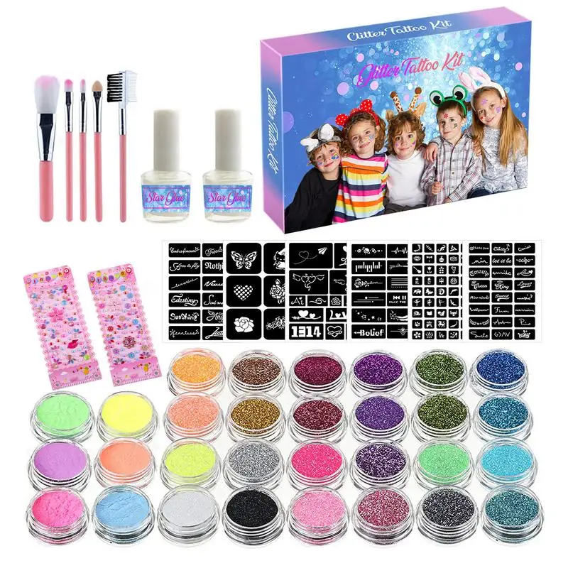 

Glitter Tattoo Kit 30 Colors Kids Tattoos Stencils Glitter Tattoos Set Temporary Glitter Luminous Effect Long-lasting Makeup