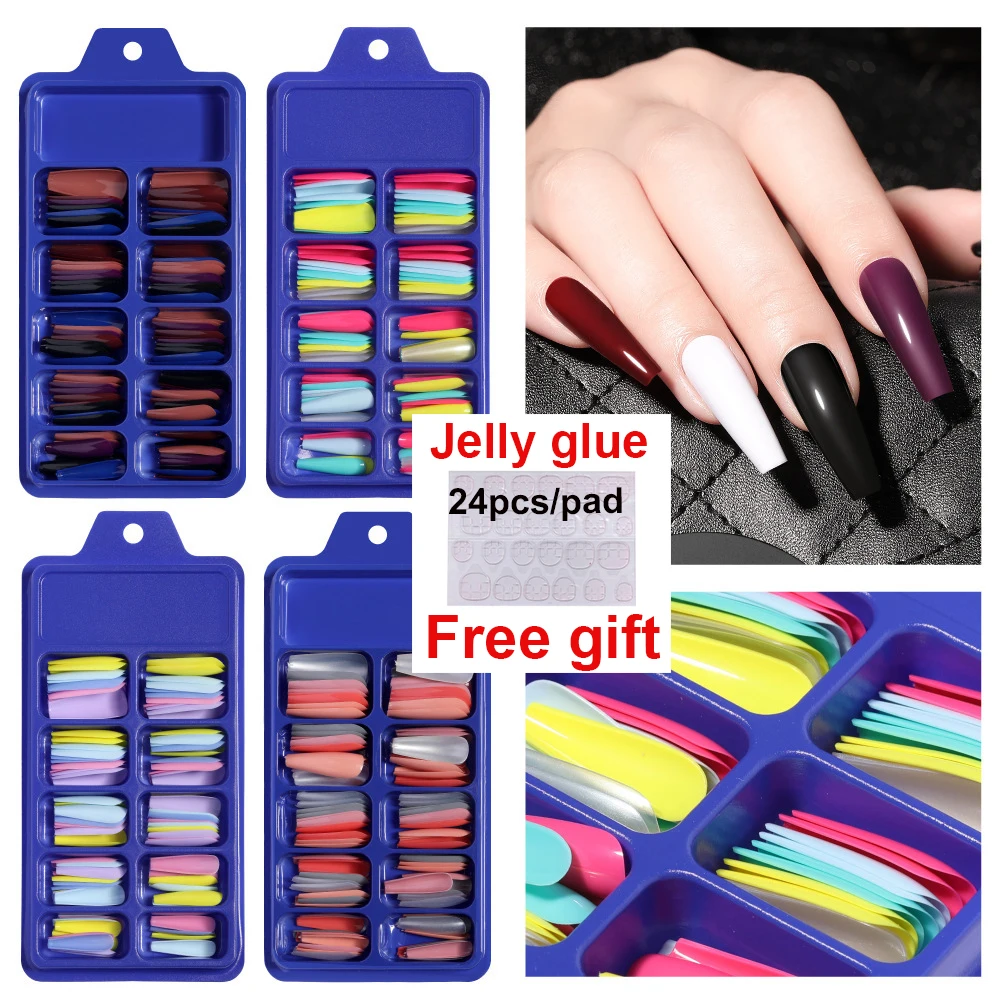 

100pcs fake nails press on nails set capsule faux ongles art tips full cover comanicure coffin long french false nails with glue