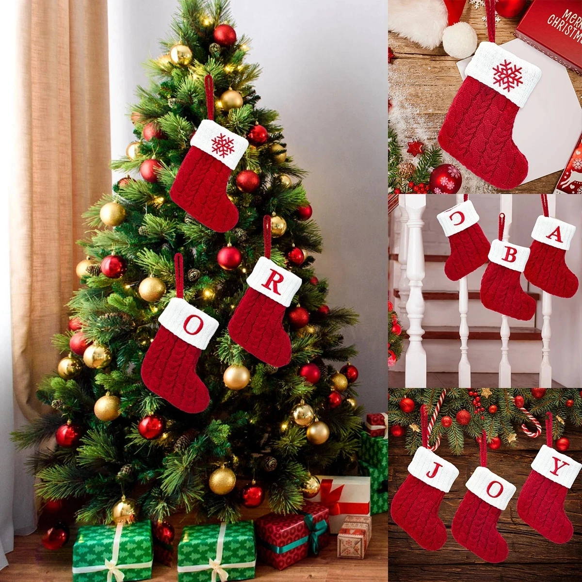 

Рождественские носки с буквами алфавита в виде красных снежинок, рождественские чулки, подвесные украшения для рождественской елки, подарок на Рождество