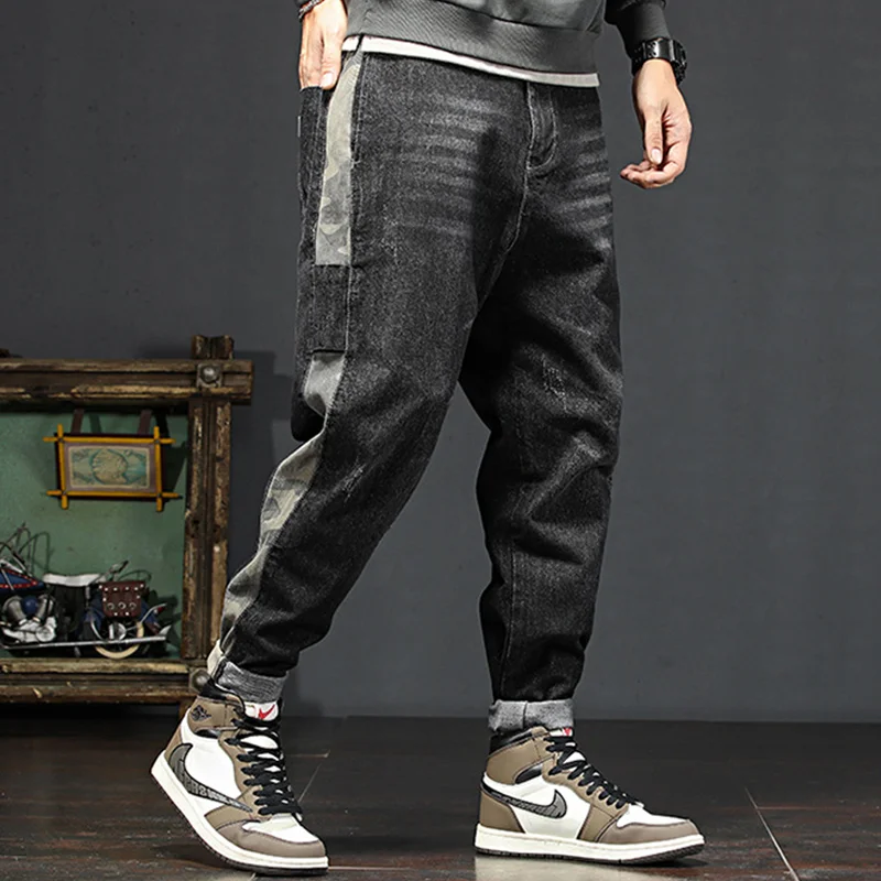 Streetwear Men 2022 Fashion New Pattern Vintage Splicing Recreational Blue Jeans Loose Straight Cylinder Trousers Autumn Female