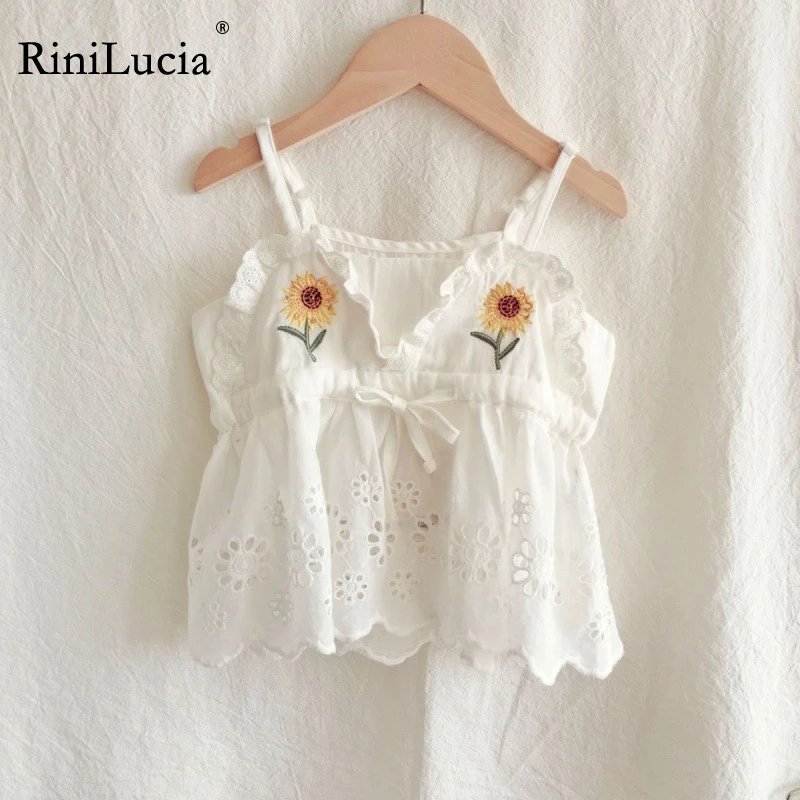 

RiniLucia 2023 Summer Children Blouses Fopr Girls Sleeveless Floral Embroidery Hollow Shirt Girls Tops Tees Sweet Kids Clothes