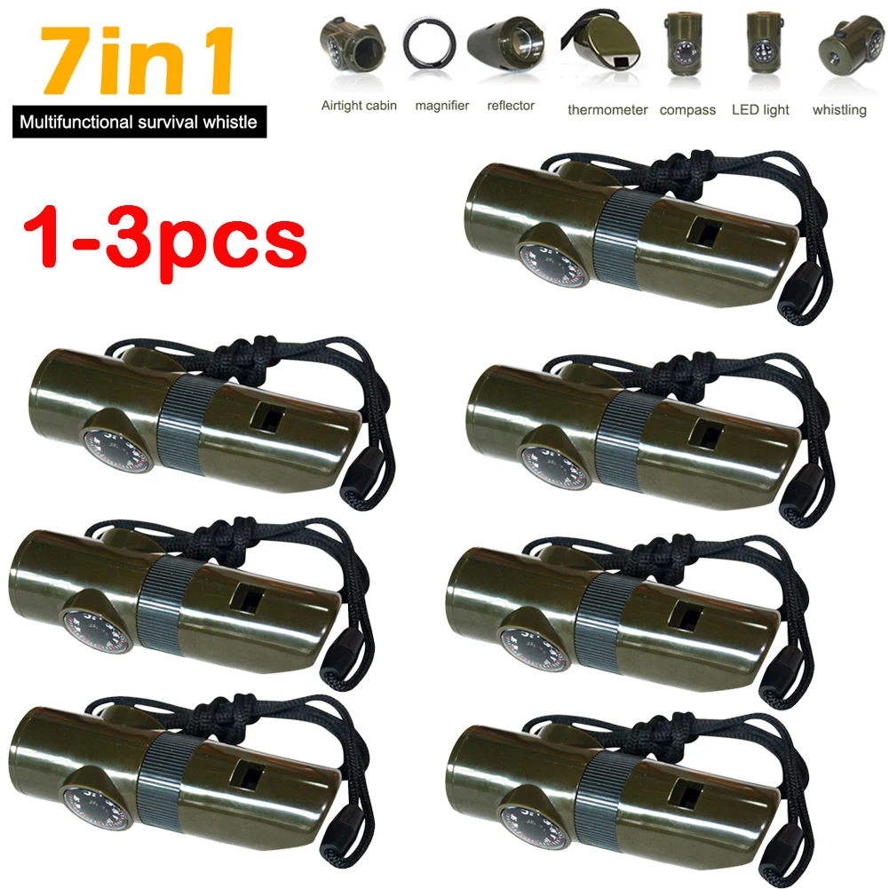 

7 in 1 Compass Whistle Multifunctional Plastic SOS Survival Whistle with Lanyard Magnifier Flashlight High Decibel Outdoor Tools