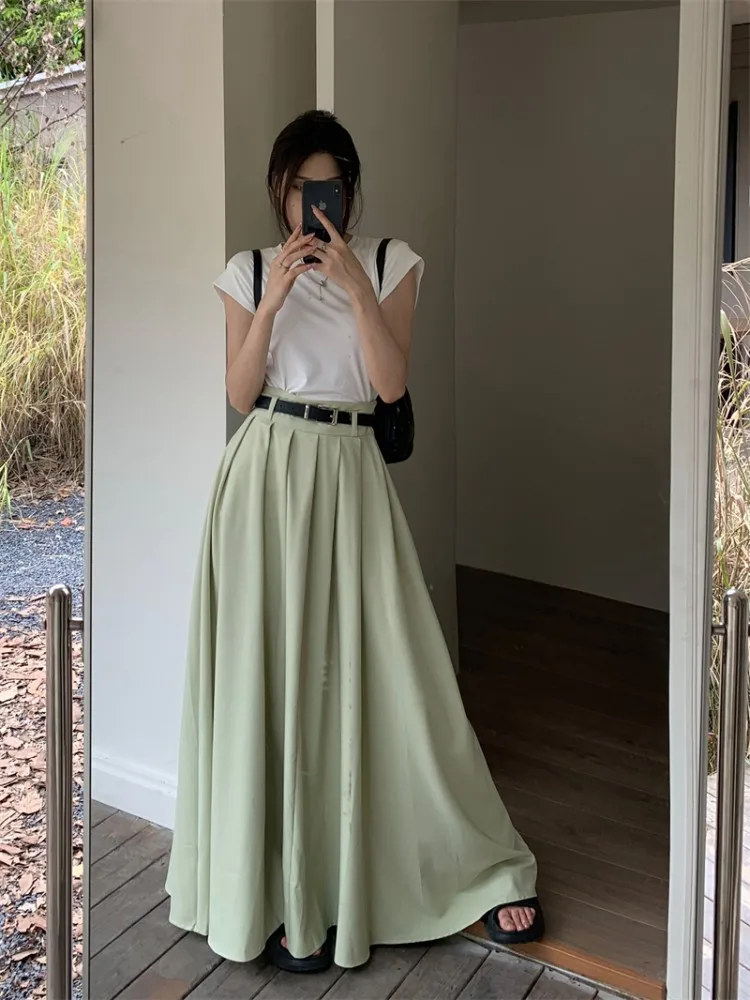 

Женская юбка с высокой талией SML, Повседневная Длинная юбка средней длины в Корейском стиле с поясом, 3 цвета, модель sy7768 на осень, 2023