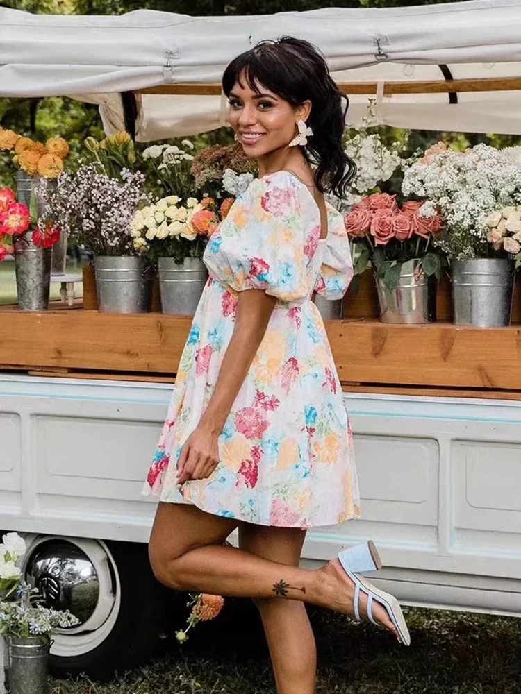 Gypsylady Boho Floral Chic Mini Dress Fancy Painted Summer Women Dresses Puff Sleeve Backless Holiday Casual Ladies Vestidos