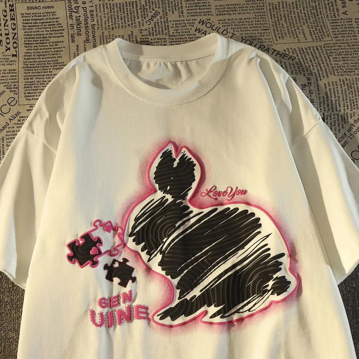 

Hong Kong style retro ins tide brand trend rabbit all-match t-shirt men and women couple outfit retro loose half-sleeved top y2k