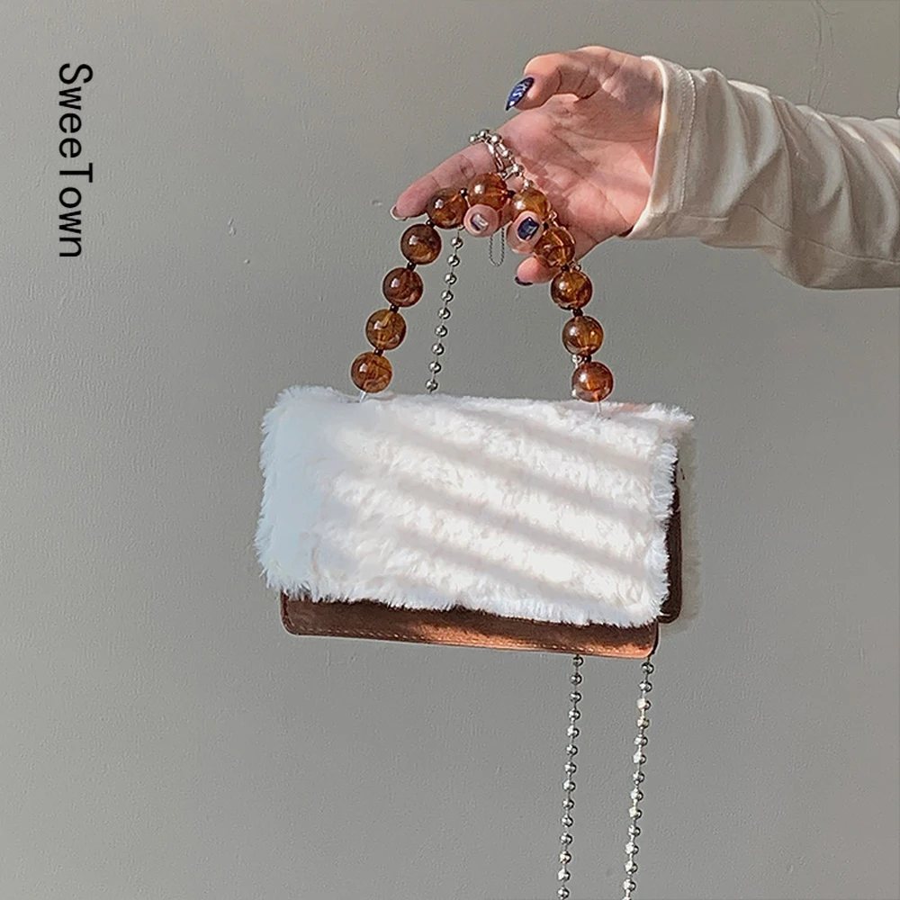 

Sweetown Ladies Shoulder Bag Female Designer Crossbody Bag Women Handbag Purse Retro Chain Beaded Plush Fashion 2022 PU Leather