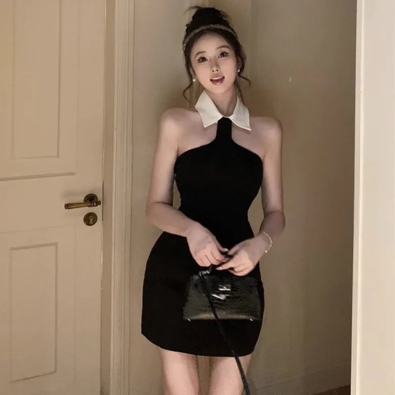 

Women's Dress High Grade Neck-mounted Off Shoulder Sleeveless Above Knee Dresses Solid Color Patchwork Vestidos Bodycon Dropship