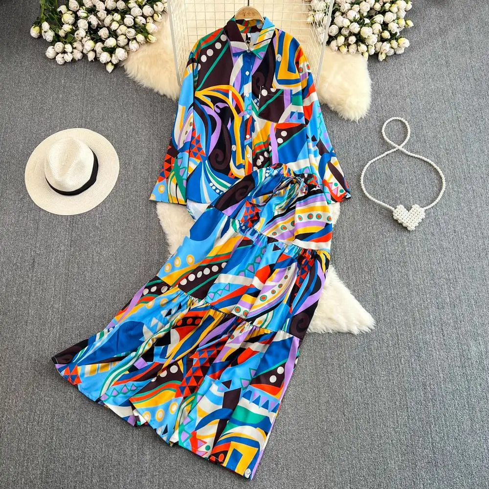 

New Fashion Elegant Floral Skirts Suit Women Summer Vintage Shirts Tops A-Line Maxi Saya Two Pieces Set Female Beach Outfits