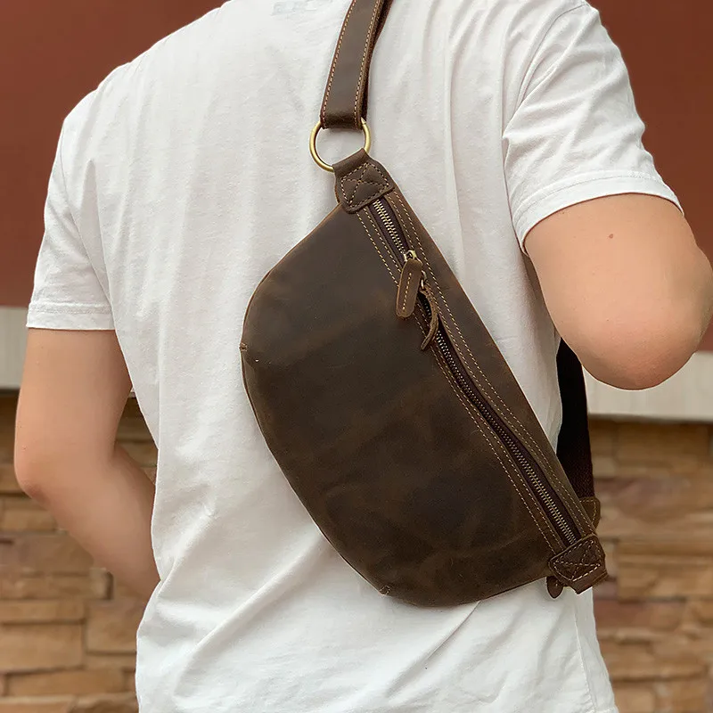 Vintage simple natural genuine leather men's chest bag casual simple multi function messenger bags daily light sport waist packs