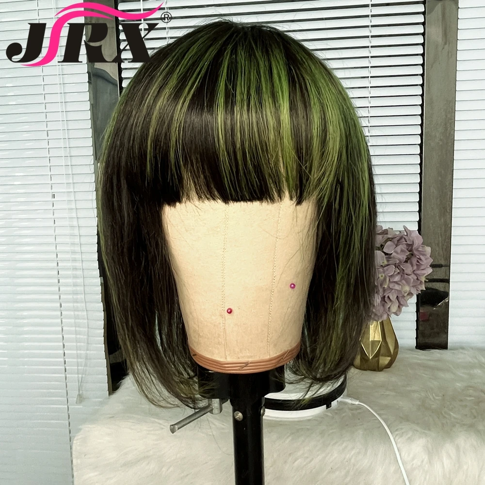 Highlight Peruvian Green Colored Straight Human Hair Wigs with Bangs Short Bob Full Machine Made Wigs for Women Remy Fringe Wigs