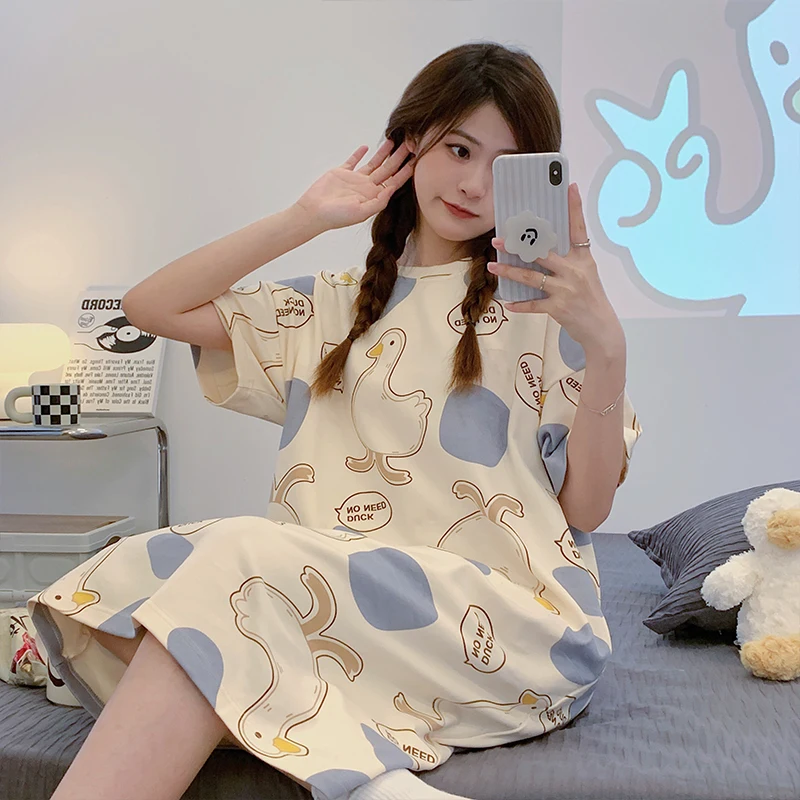 

Nightgown Women Summer Sweet Cute Short Sleeve Lady Home Loungewear Big Size Nightdress Cartoon Dress Mujer Nightwear Night Gown