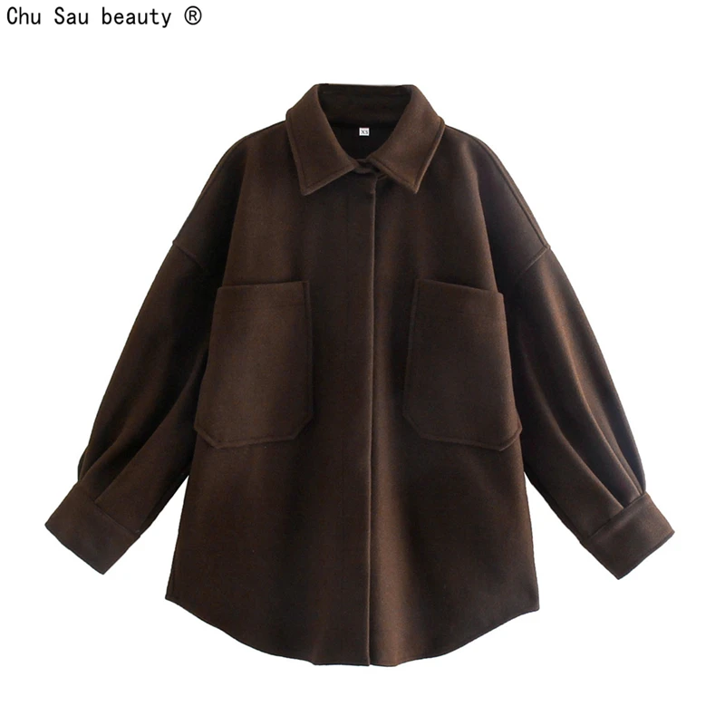 

Autumn Winter 2021 New Fashion Vintage Casual Turn Down Collar Woolen Cloth Coat Solid Color Loose Single Breasted Coat Women