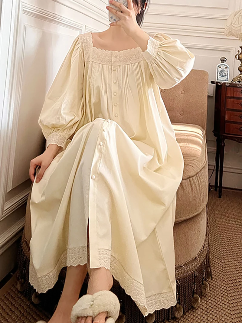 

Women Victorian Night Dress Spring Autumn Pure Cotton Long Sleeve Peignoir Vintage Nightgowns Sleepwear Princess Nightwear