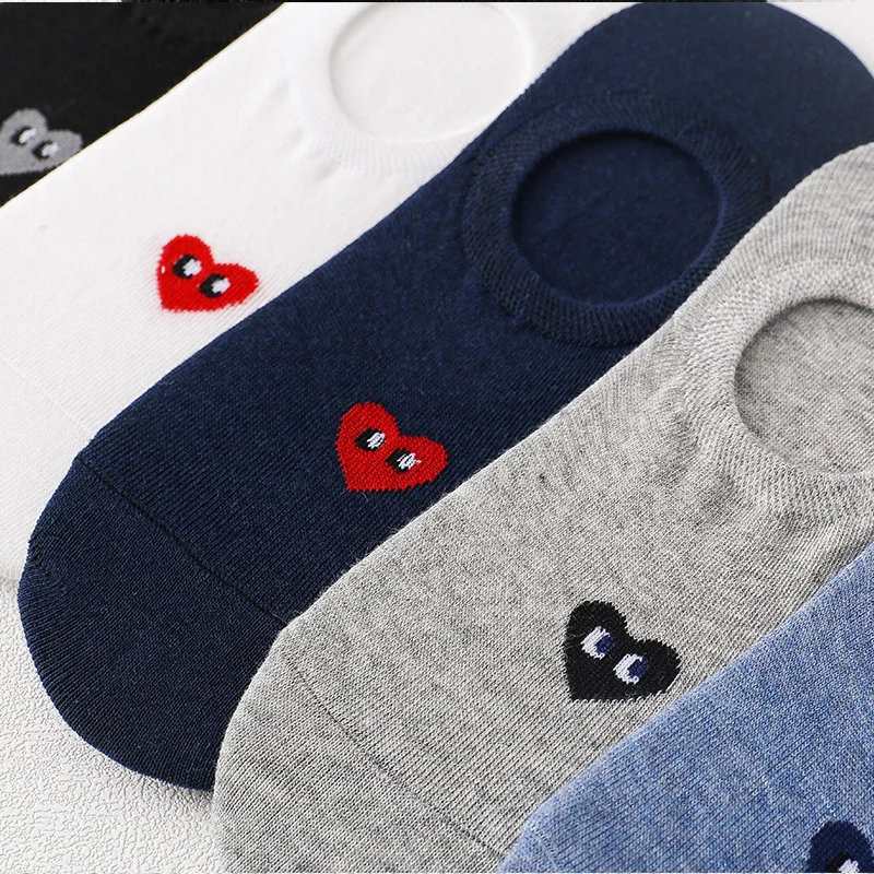 5 Pairs Men's Summer Invisible Love Happy Beach Boat Socks Silicone Non-Slip Low Ankle Cotton Breathable Boat Socks